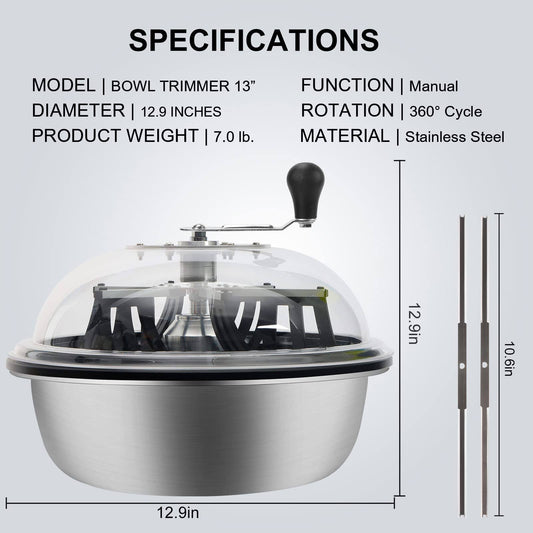 13 in Bud Leaf Bowl Trimmer, Bud Bowl Trimmer with Switchable Stainless Steel Blades & Clear Visibility Dome