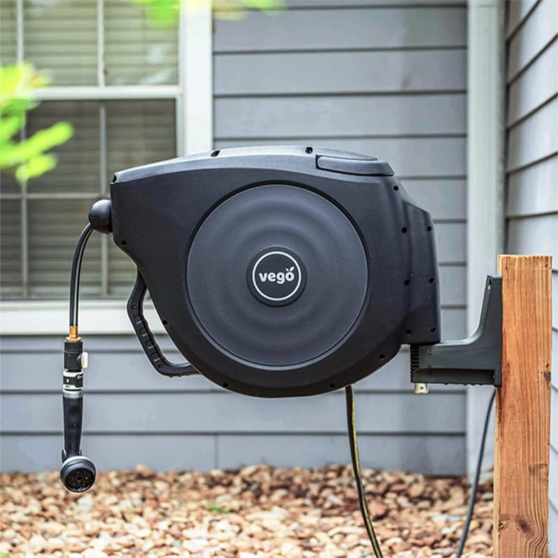 Garden Hose Reel Retractable Hi-Flow 50ft Wall Mounted Hose Reel Automatic Rewind, Any Length Lock
