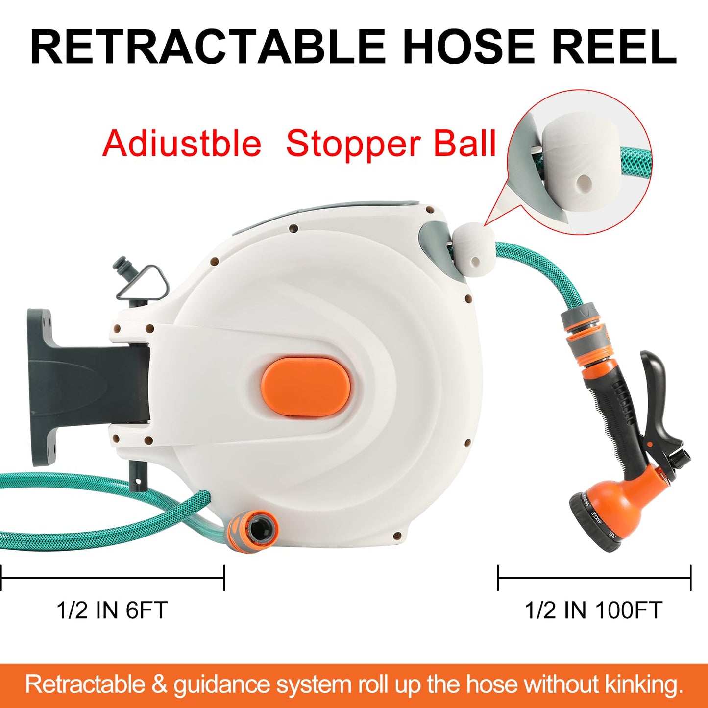 Himix Retractable Garden Hose Reel - 1/2 inch x 50ft Wall Mounted Hose Reel