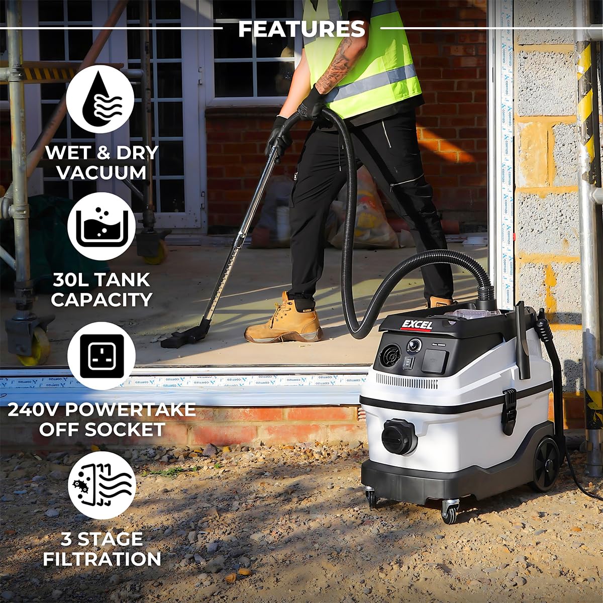 Excel 30L Wet & Dry Vacuum Cleaner – 1600W Motor, HEPA Filter, Water Filtration