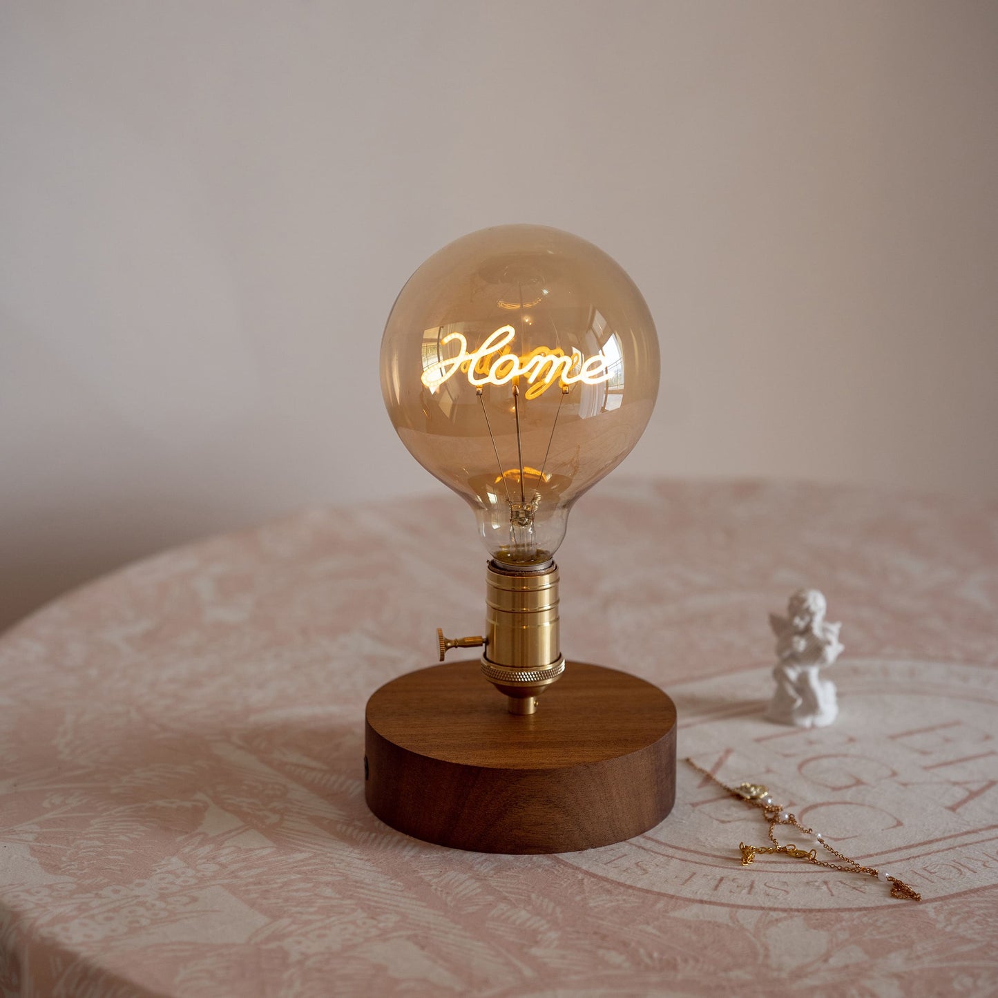 Wooden LED Edison Text Bulb Cordless Table Lamp