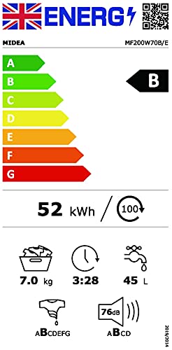 Midea MF200W70B/E Freestanding Washing Machine, BLDC Motor, Bright LED Display, Health Guard, Steam