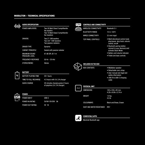 Marshall Middleton Bluetooth Wireless Portable Speaker, 20+ hours portable playtime