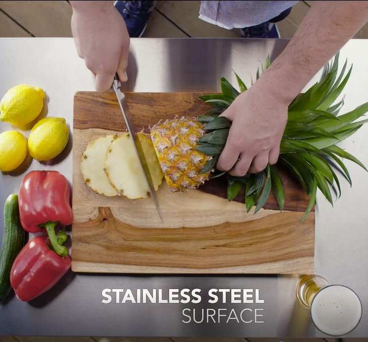 Keter Unity XL Portable Outdoor Table and Storage Cabinet with Hooks for Grill Accessories-Stainless Steel Top