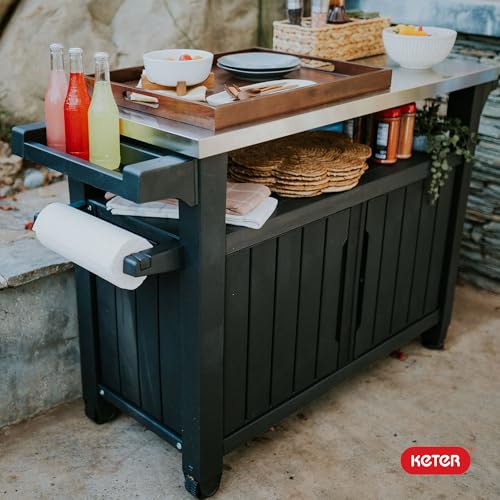 Keter Unity XL Portable Outdoor Table and Storage Cabinet with Hooks for Grill Accessories-Stainless Steel Top