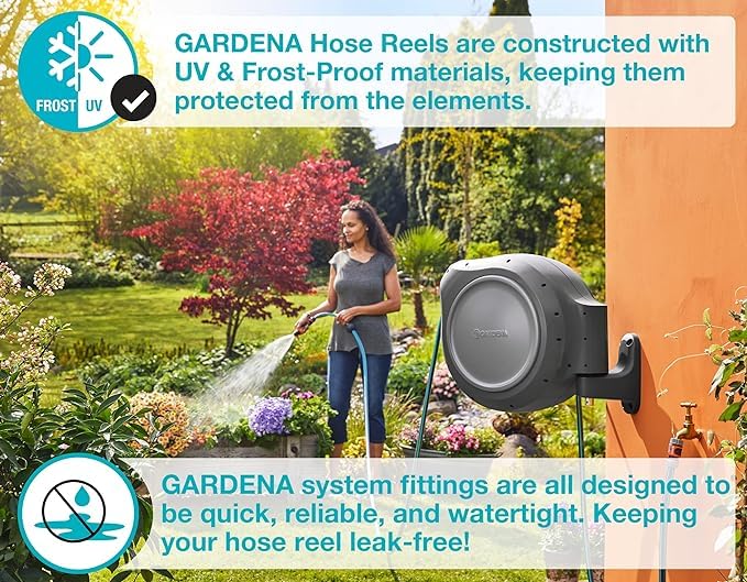 GARDENA 20502, Retractable Garden Hose Reel 75' x 1/2" Hose, Wall Mounted