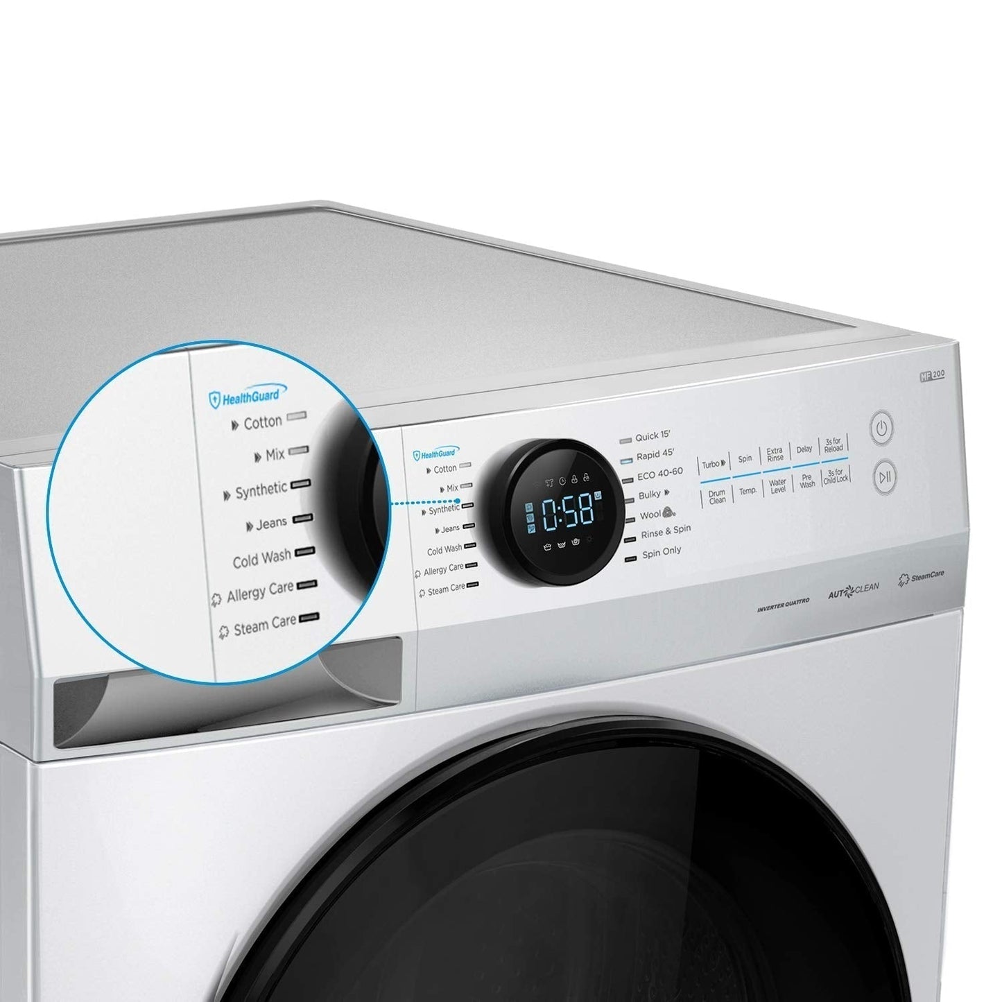 Midea MF200W70B/E Freestanding Washing Machine, BLDC Motor, Bright LED Display, Health Guard, Steam