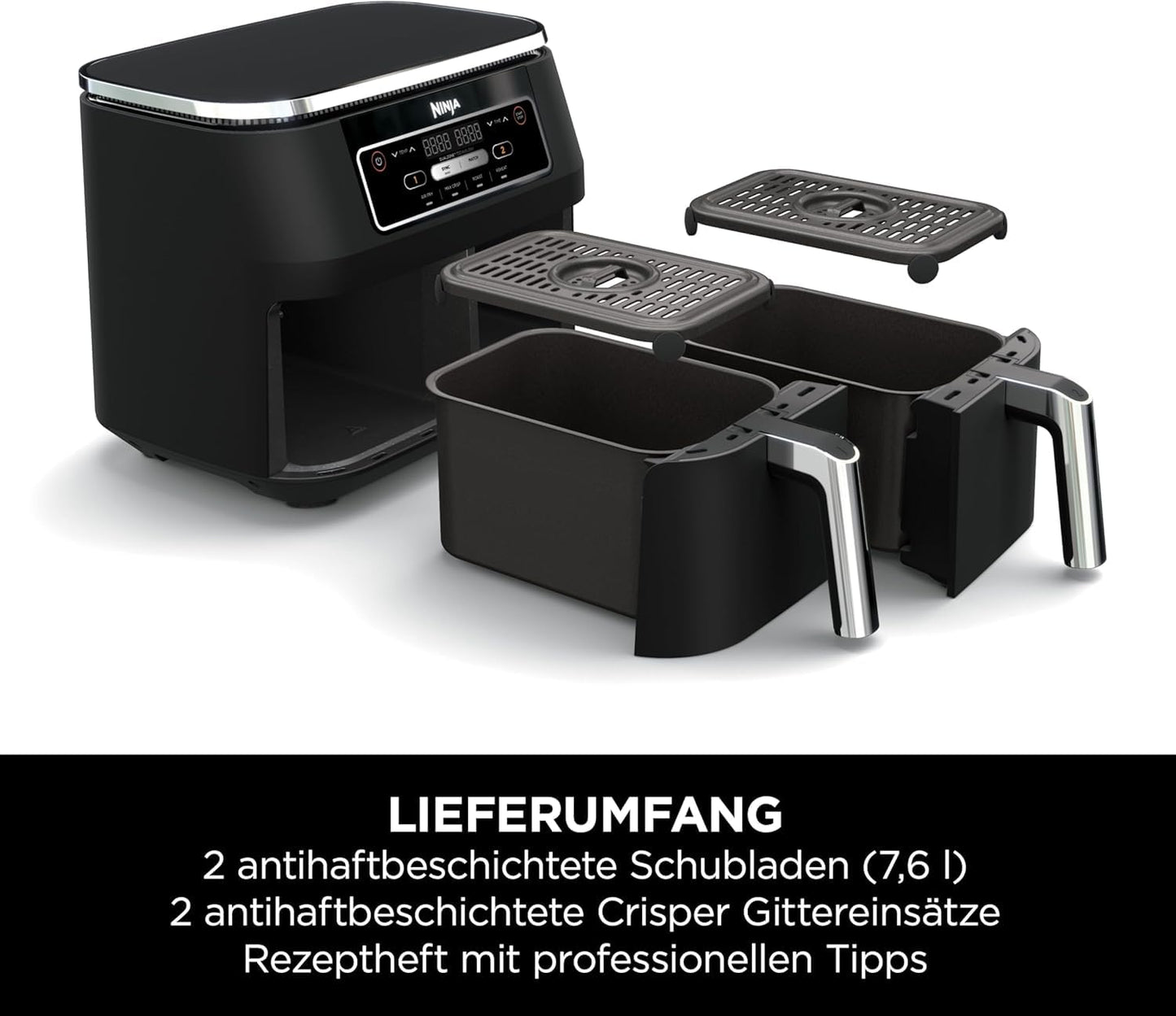 Ninja Foodi Dual Zone Digital Air Fryer, 2 Drawers, 7.6 L, 4-in-1, Used No Oil, Airfry, Max Crisp