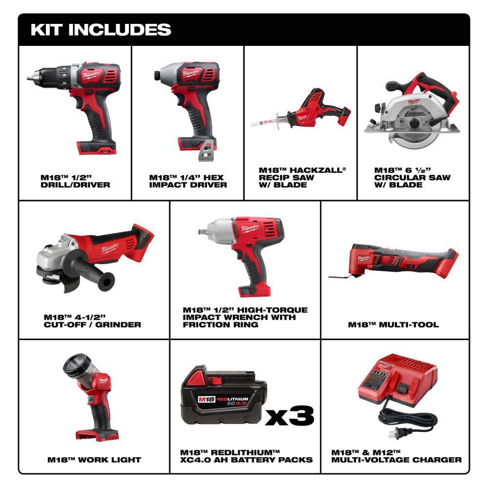 Milwaukee M18 Cordless Combo Kit 8-Tool with Three and charger