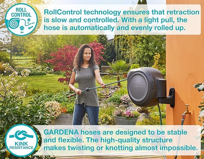 GARDENA 20502, Retractable Garden Hose Reel 75' x 1/2" Hose, Wall Mounted