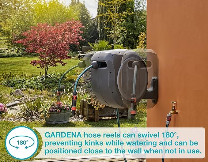 GARDENA 20502, Retractable Garden Hose Reel 75' x 1/2" Hose, Wall Mounted