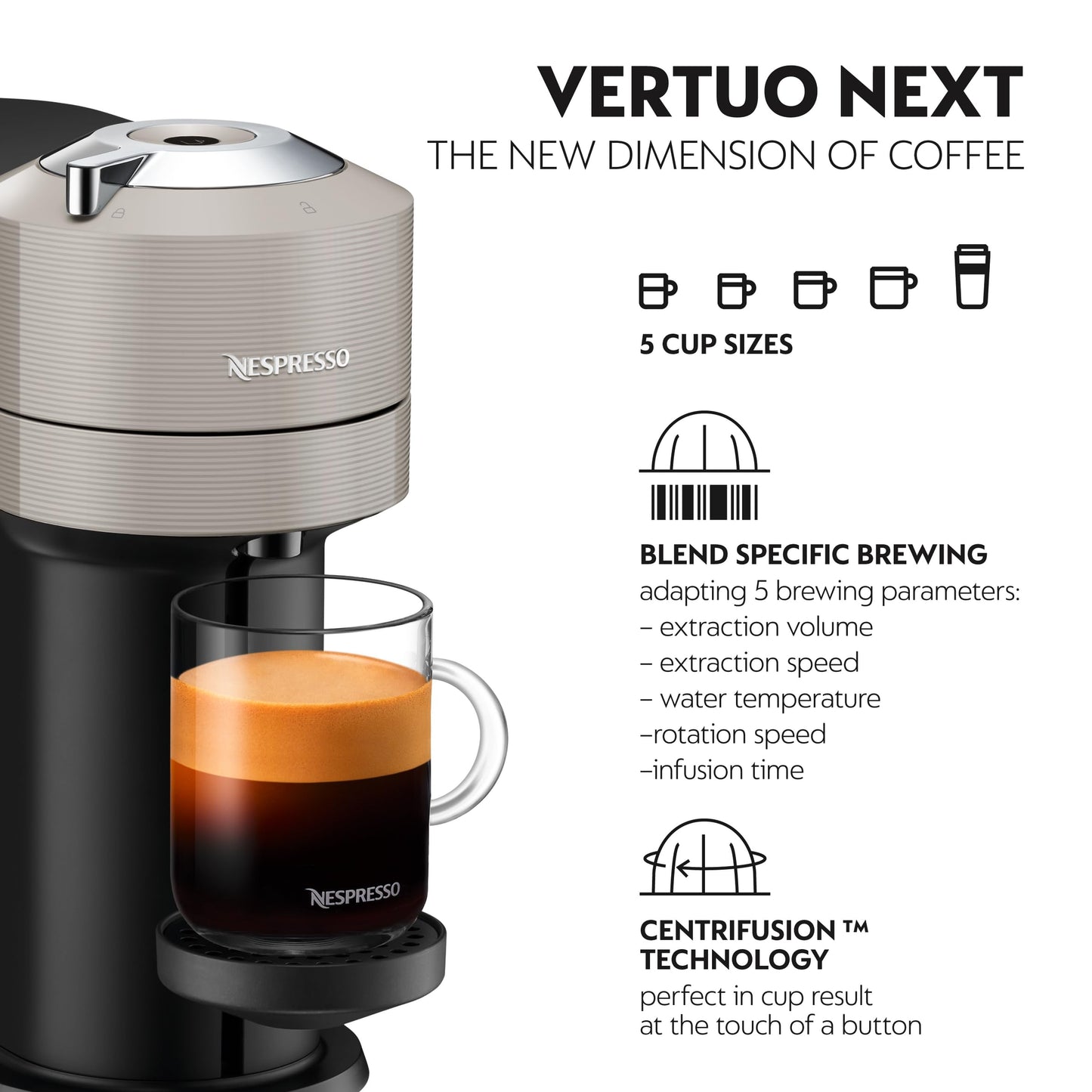 Nespresso Vertuo Next Coffee Pod Machine, Centrifusion Technology, Wi-Fi and Bluetooth Enabled