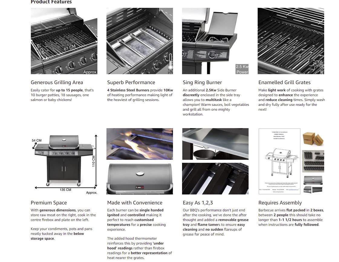 CosmoGrill Pro Deluxe 5 Gas Burner 4+1 Barbecue Grill, Steel Warming Rack, Side-Burner