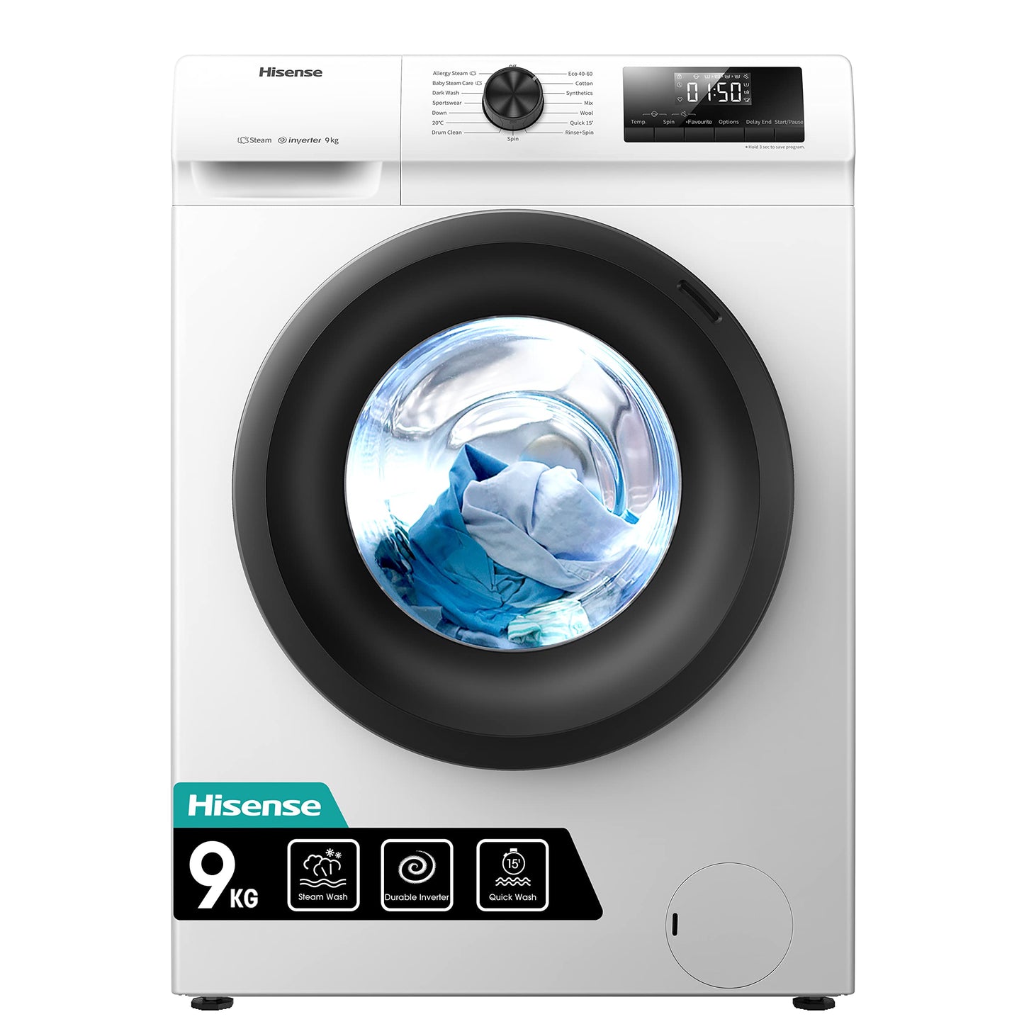 Hisense-WFQP9014EVM-Freestanding-9 KG-Front Load Washing Durable Inverter Machine-Steam Wash-Quick