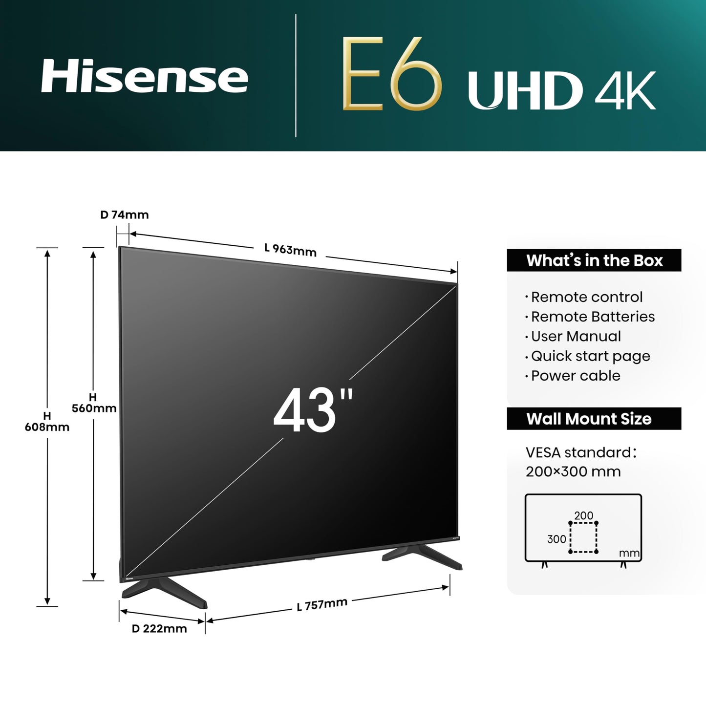Hisense 43 Inch 4K Smart TV 43E6NTUK - Dolby Vision, Game Mode PLUS