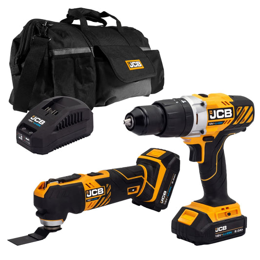 JCB 18V Cordless Combi Drill & Multi Tool, 2X 2.0Ah Battery, Fast Charger, 20" Power Tool Kit Bag