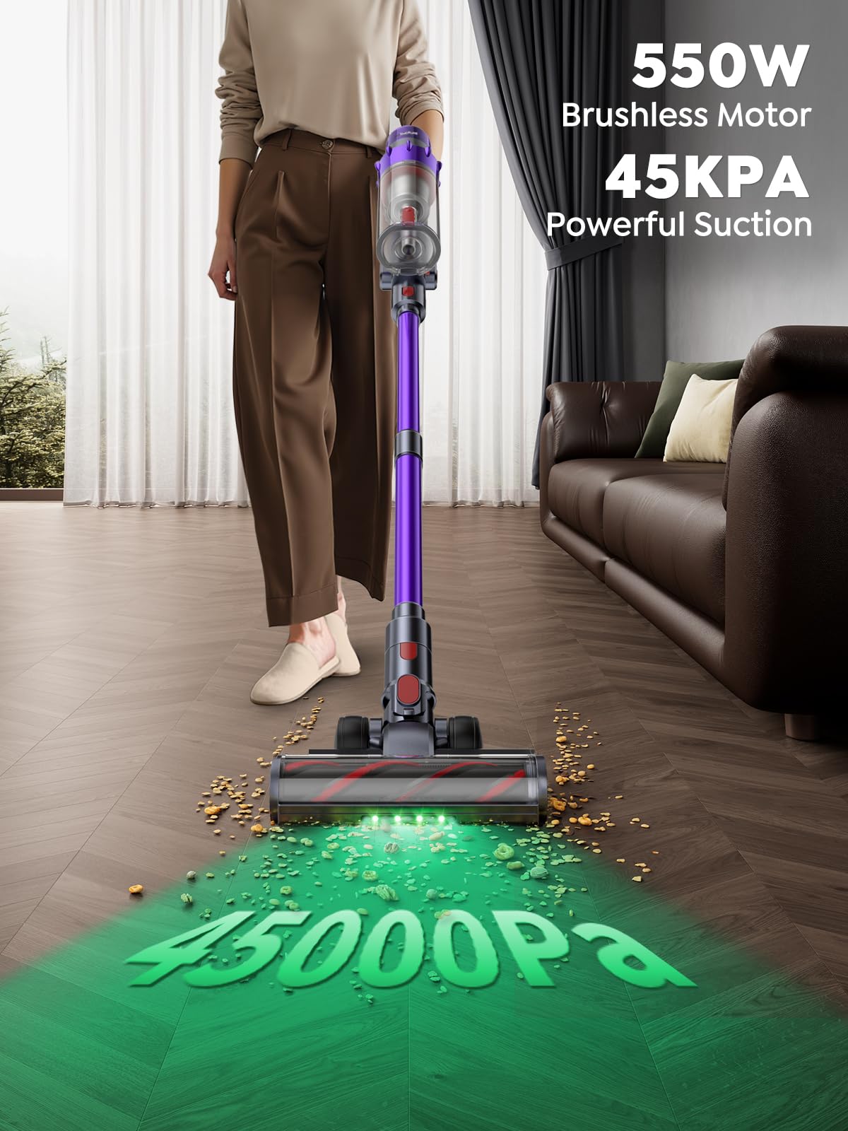 SMOTURE Cordless Vacuum Cleaner, 550W 45KPA Stick Vacuum with Touch Screen, Up to 60 Mins Runtime