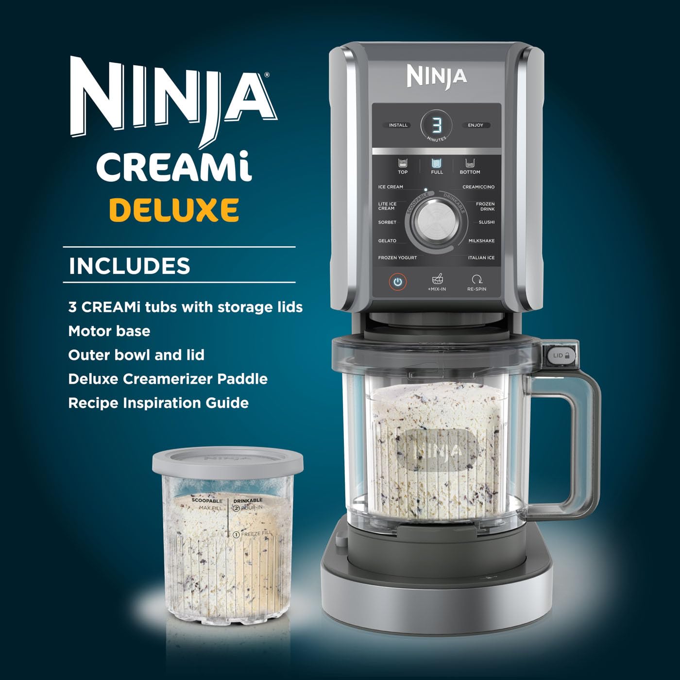 Ninja CREAMi Deluxe Ice Cream Maker & Frozen Dessert Maker with 3 Tubs, 10 Functions