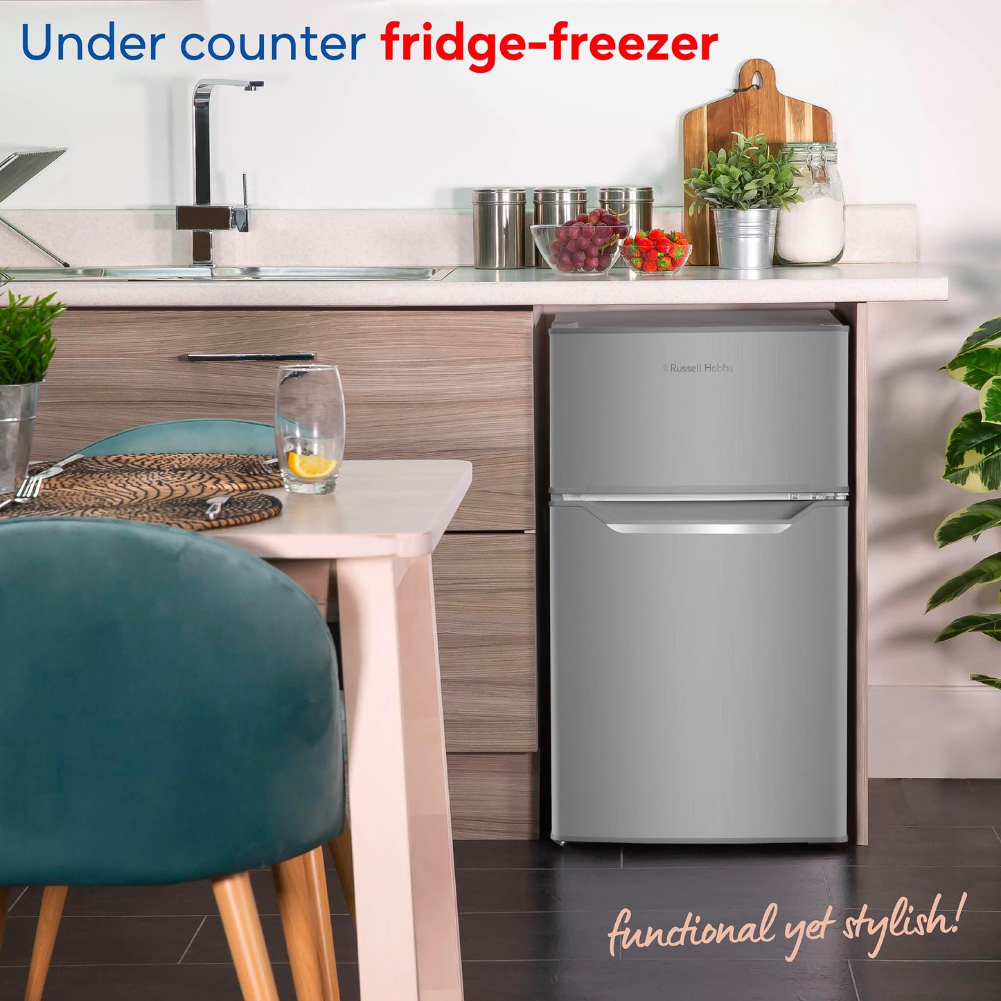 Russell Hobbs Undercounter Fridge Freezer 48cm Wide 85 Litre Total Capacity 61L/24L, LED Light