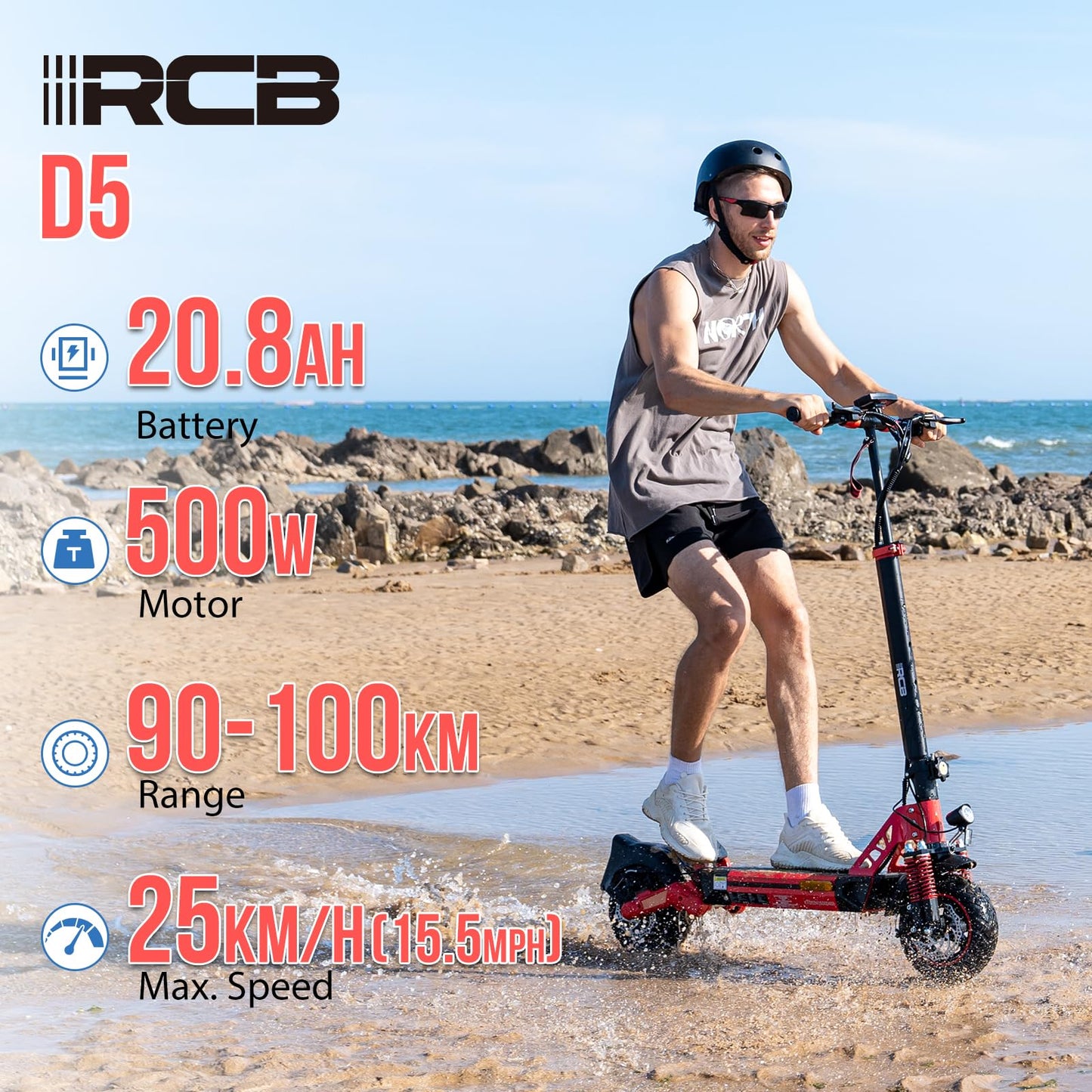 RCB D5 Electric Scooter Adults, E-Scooter, 90-100KM Range, 20.8Ah Battery, 500W Motor