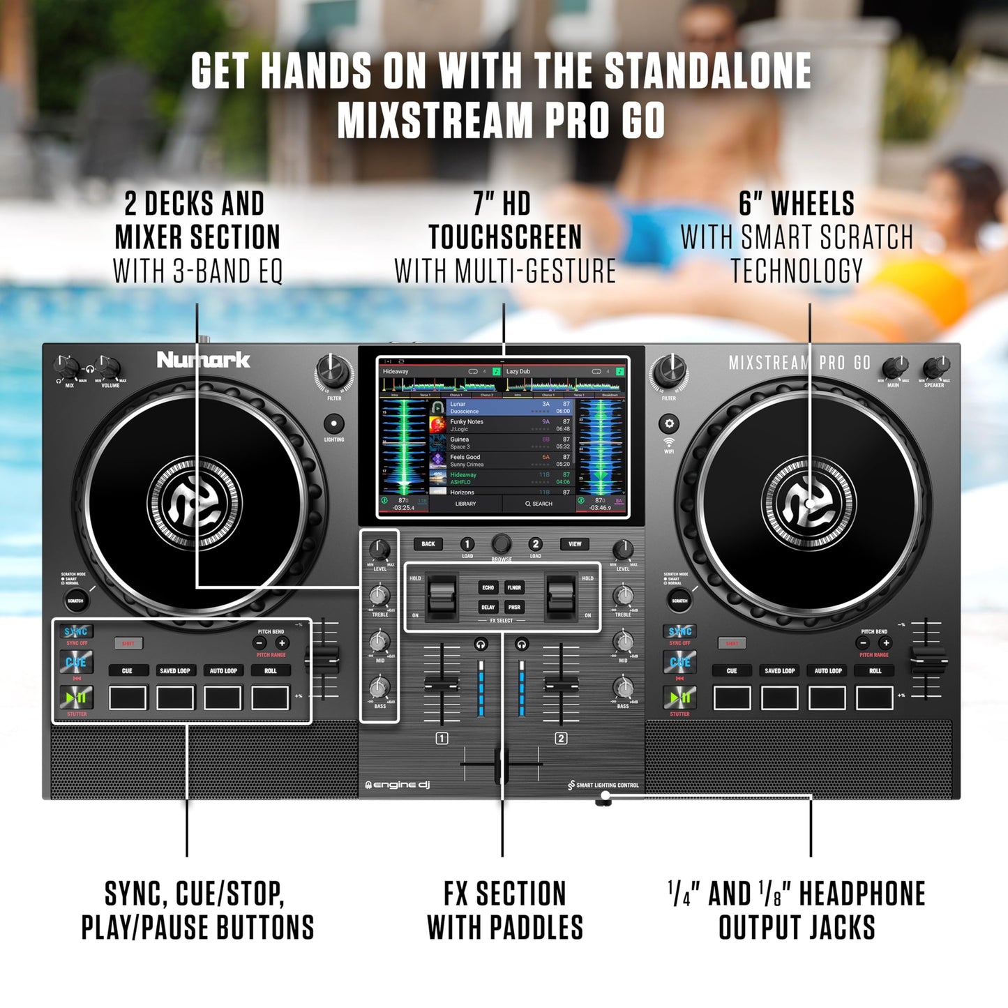 Numark Mixstream Pro Go Portable DJ Controller with Battery, Mixer with Stem Separation
