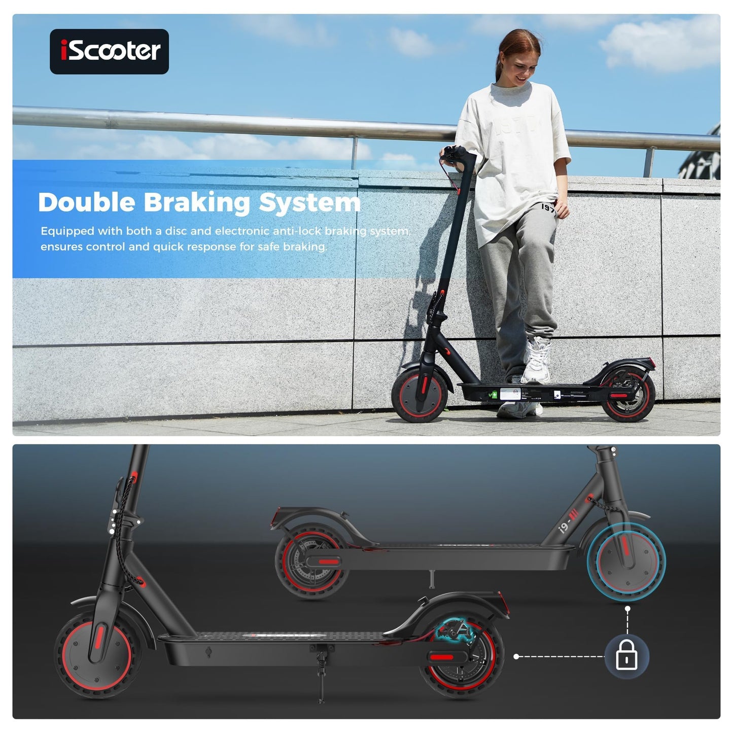 iScooter Electric Scooter, i9 Electric Scooters Adult, 8.5”Solid Tires, 30km Range, 3 Speed Mode