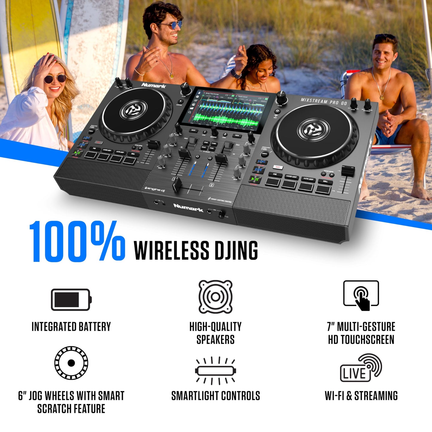 Numark Mixstream Pro Go Portable DJ Controller with Battery, Mixer with Stem Separation