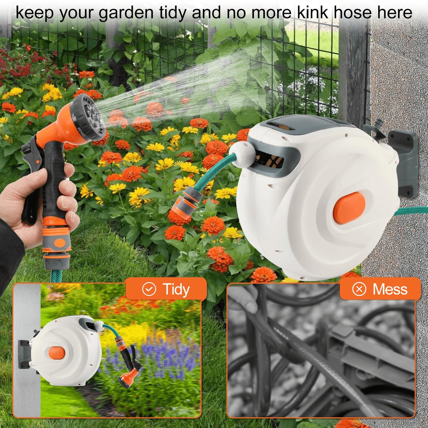 Himix Retractable Garden Hose Reel - 1/2 inch x 50ft Wall Mounted Hose Reel